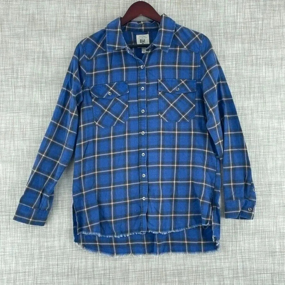 Billabong Shirt Long Sleeve Button Down Womens L raw hem plaid 3631 - Picture 1 of 7